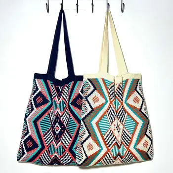 Дамска чанта-тоут в клетката и лента, в ретро стил, вязаная на една кука вълнена чанта в бохемски стил, по-голямата голям вязаная чанта на рамото, жените модерна чанта за пазаруване